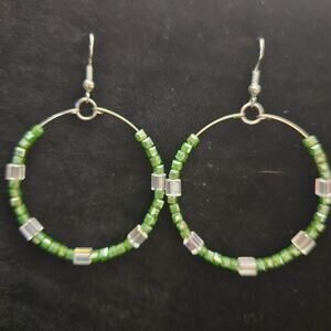 Antique silver, green glass and clear iridescent cube hoop earrings